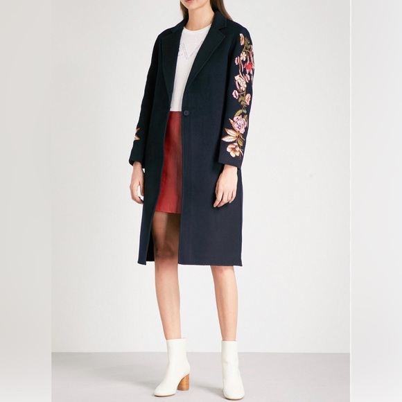 Sandro Jackets & Blazers - Sandro Floral Embroidery Wool Blend Coat Navy Dark US 6-8 EUR 38